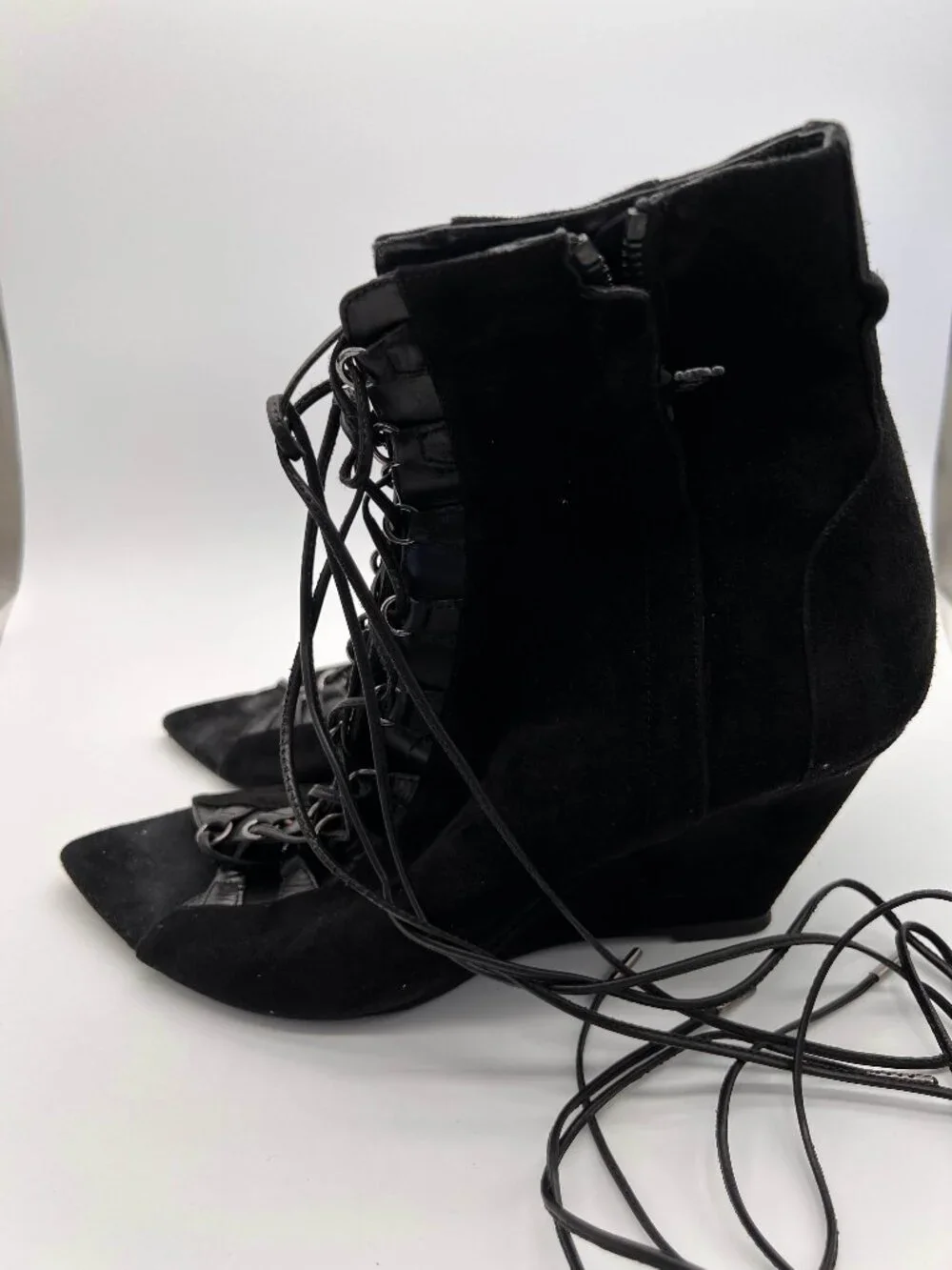 Narciso Rodriguez Black Suede Peep Toe Corset Lace Up Wedge Booties Size 8